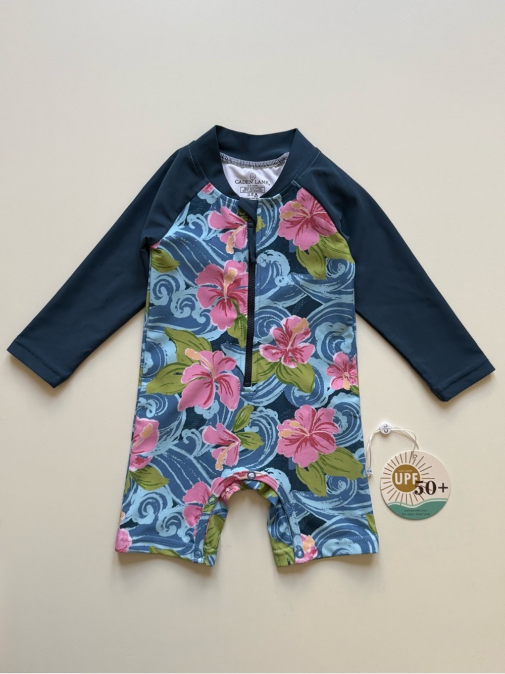 Caden Lane Baby Floral Long-Sleeve Rashguard Swim Romper, Ohana - 6-12M